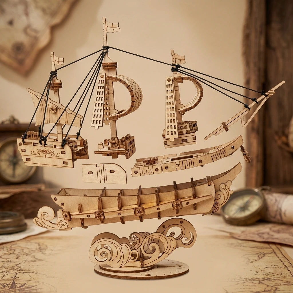 Puzzle 3D en bois thème Le Galion des Mers, vue Éclatée, éclairage externe mettant en valeur la maquette, décoration Nook-It
