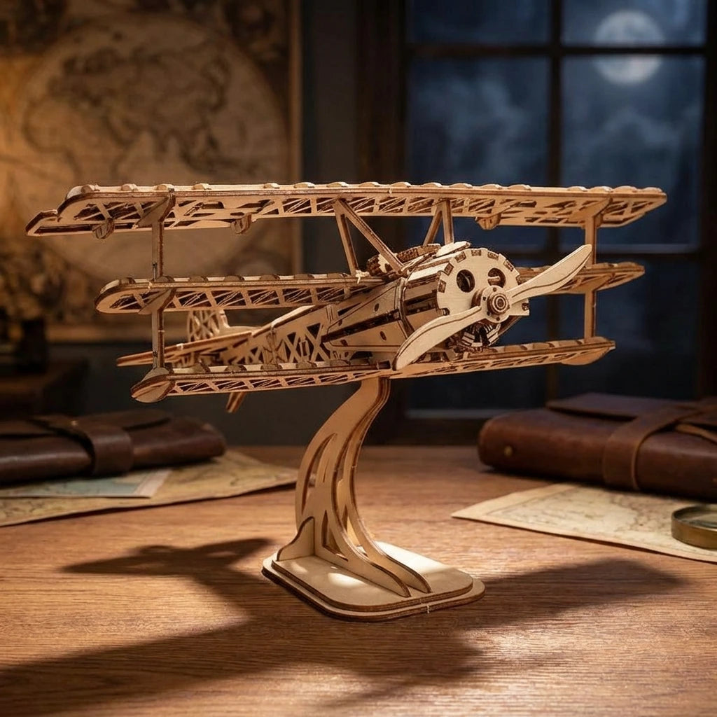 Puzzle 3D en bois thème Le Triplan de Légende, vue Ambiance Nuit, éclairage externe mettant en valeur la maquette, décoration