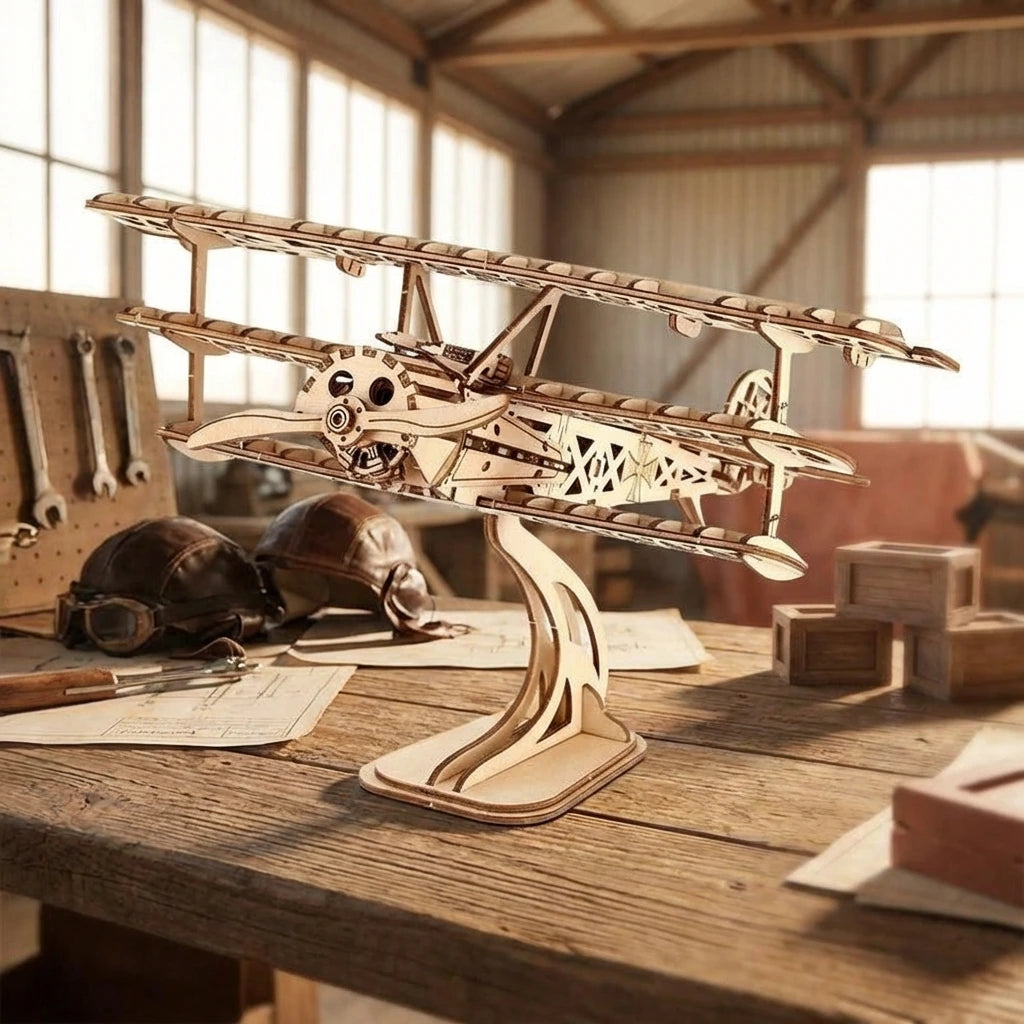 Puzzle 3D en bois thème Le Triplan de Légende, vue Angle 45°, éclairage externe mettant en valeur la maquette, décoration Nook-It