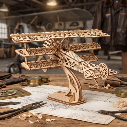 Puzzle 3D en bois thème Le Triplan de Légende, vue arrière, éclairage externe mettant en valeur la maquette, décoration Nook-It