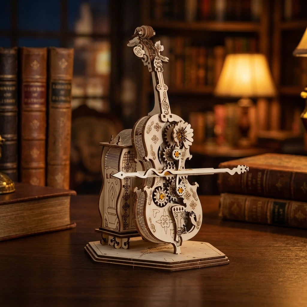 Puzzle 3D en bois thème Le Violoncelle Automate , vue Ambiance Nuit, éclairage externe mettant en valeur la maquette, décoration