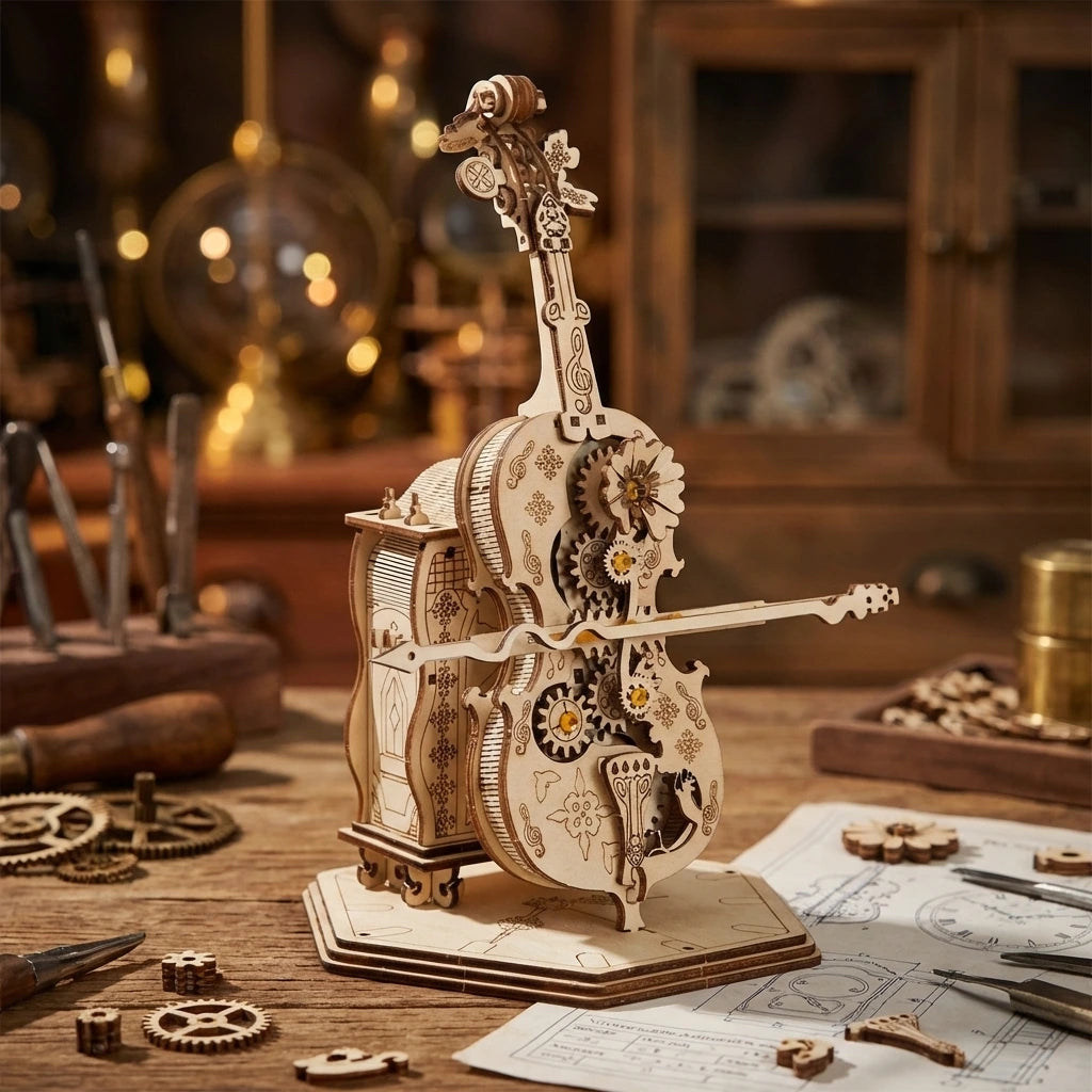Puzzle 3D en bois thème Le Violoncelle Automate , vue Angle 45°, éclairage externe mettant en valeur la maquette, décoration