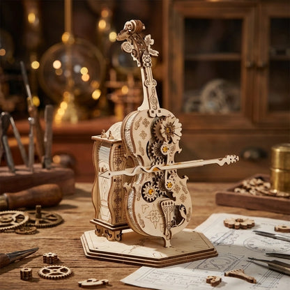Puzzle 3D en bois thème Le Violoncelle Automate , vue Angle 45°, éclairage externe mettant en valeur la maquette, décoration