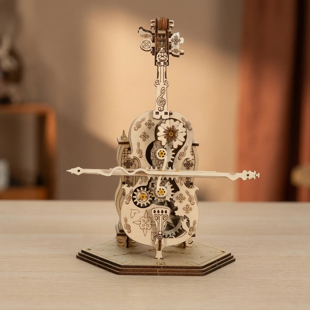 Puzzle 3D en bois thème Le Violoncelle Automate , vue Face, éclairage externe mettant en valeur la maquette, décoration Nook-It