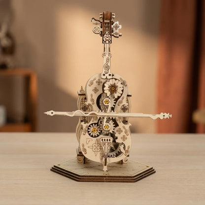 Puzzle 3D en bois thème Le Violoncelle Automate , vue Face, éclairage externe mettant en valeur la maquette, décoration Nook-It