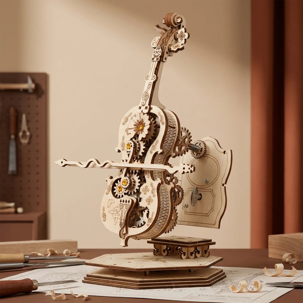 Puzzle 3D en bois thème Le Violoncelle Automate , vue Éclatée, éclairage externe mettant en valeur la maquette, décoration Nook-It