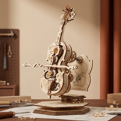 Puzzle 3D en bois thème Le Violoncelle Automate , vue Éclatée, éclairage externe mettant en valeur la maquette, décoration Nook-It