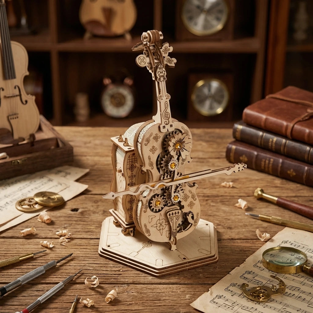 Puzzle 3D en bois thème Le Violoncelle Automate , vue plongeante, éclairage externe mettant en valeur la maquette, décoration Nook-It