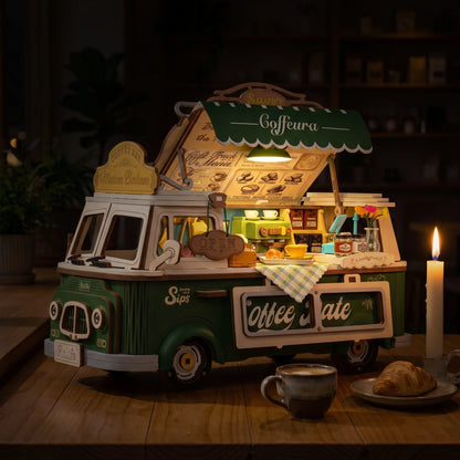 Leo's Coffee Truck de nuit, comptoir éclairé par sa lampe LED sous l'auvent