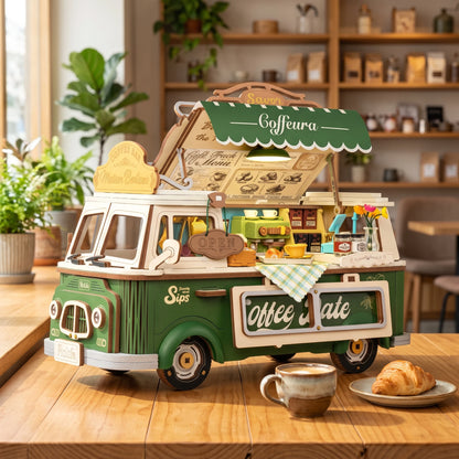 Puzzle 3D Leo's Coffee Truck sur une table de café en bois, volet ouvert et auvent vert