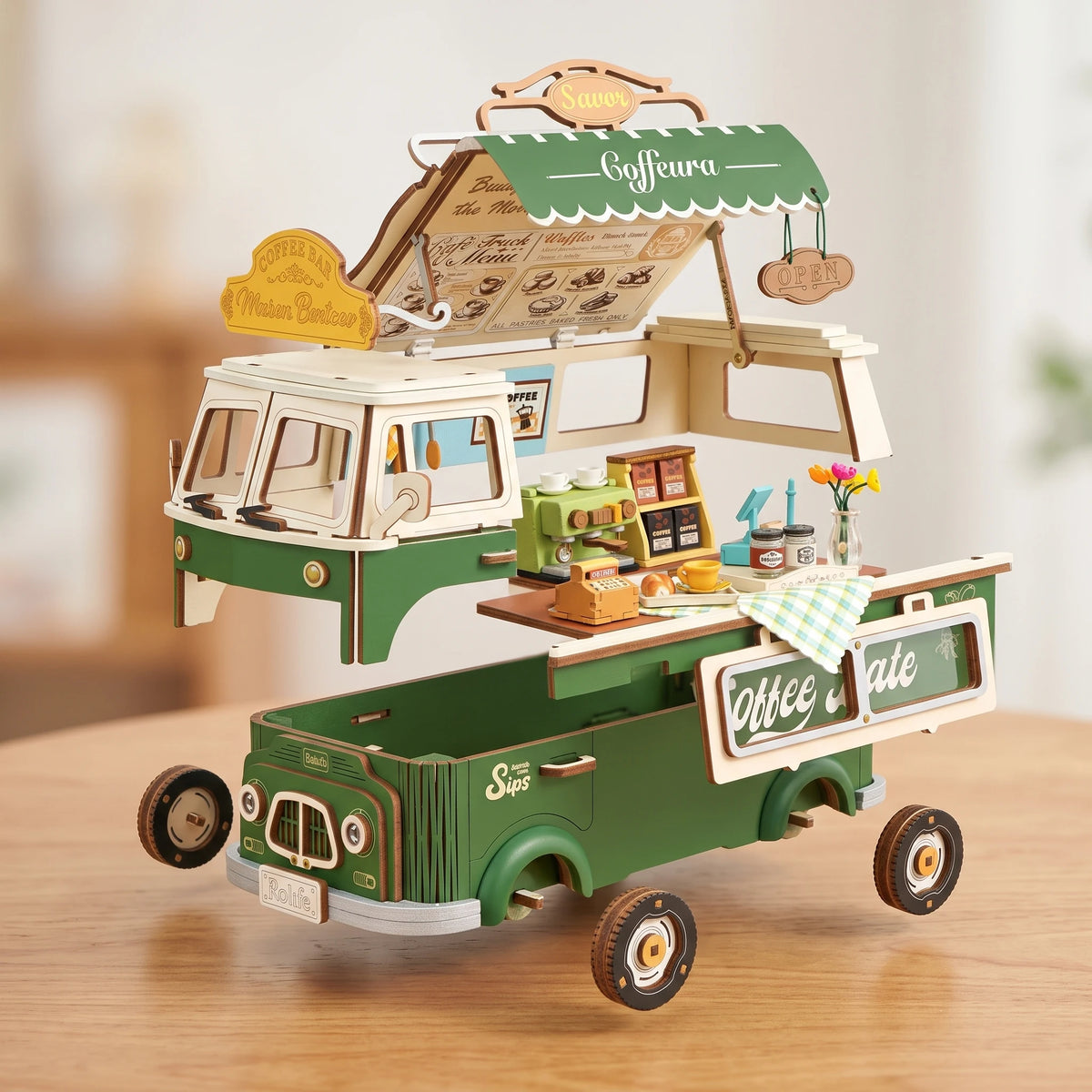 Vue éclatée du puzzle 3D Leo's Coffee Truck, cabine, volet, comptoir et châssis séparés