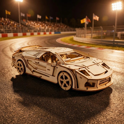 Puzzle 3D en bois thème L'Hypercar GT, vue Ambiance Nuit, éclairage externe mettant en valeur la maquette, décoration Nook-It
