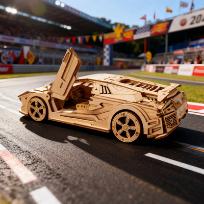 Puzzle 3D en bois thème L'Hypercar GT, portière ouverte, éclairage externe mettant en valeur la maquette, décoration Nook-It