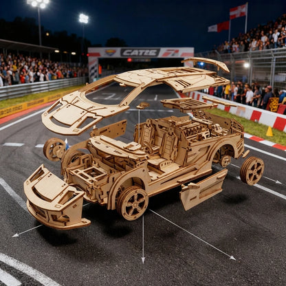 Puzzle 3D en bois thème L'Hypercar GT, vue Éclatée, éclairage externe mettant en valeur la maquette, décoration Nook-It.