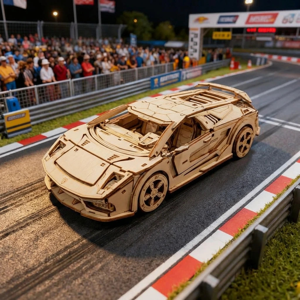 Puzzle 3D en bois thème L'Hypercar GT, vue Plongeante, éclairage externe mettant en valeur la maquette, décoration Nook-I