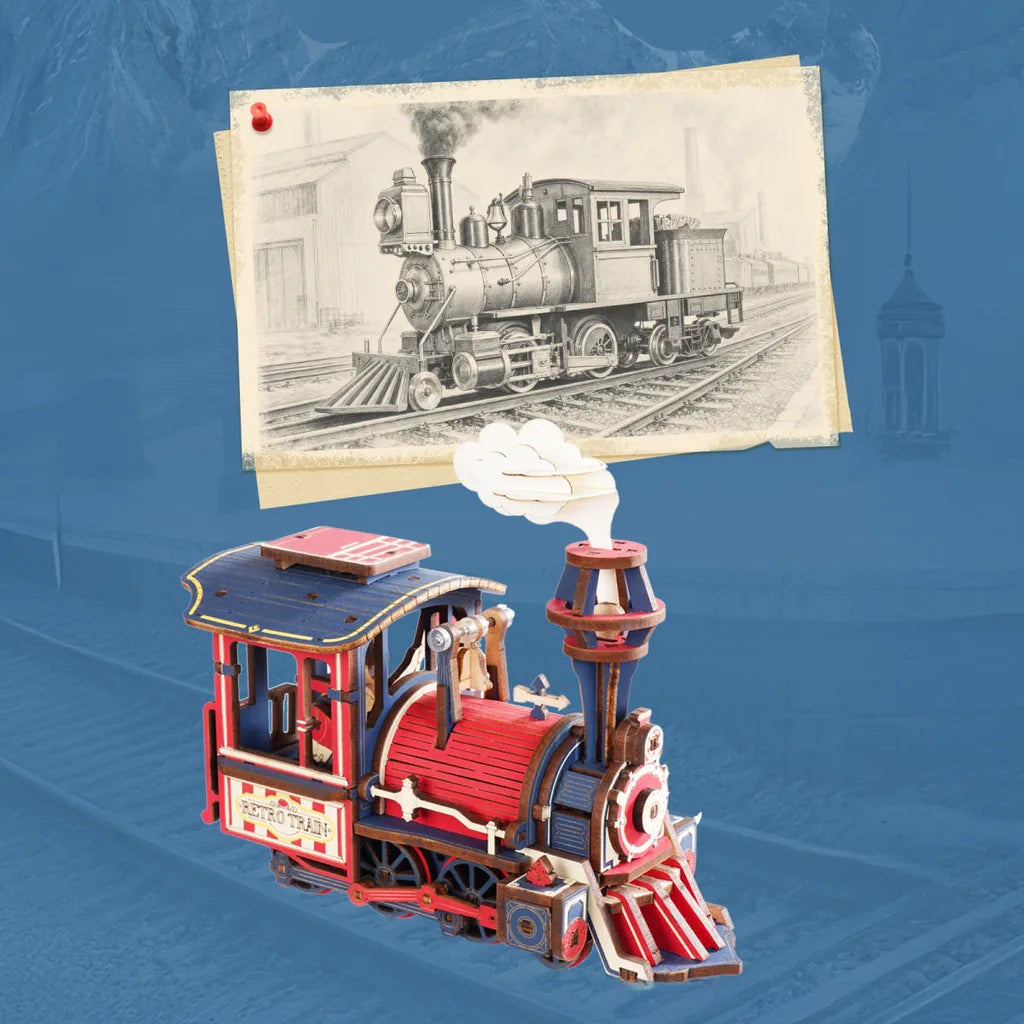 Locomotive rouge et bleu marine du Power Express devant un croquis de train à vapeur