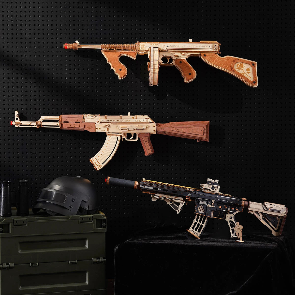 M416 Carbine puzzle 3D : assemblage du blaster en bois posé sur son emballage