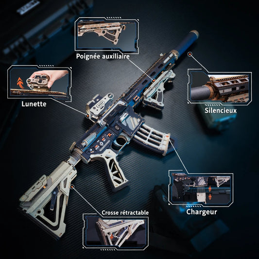 M416 Carbine puzzle 3D en bois : schéma légendé en français des pièces (lunette, silencieux, poignée auxiliaire, crosse rétractable, chargeur)