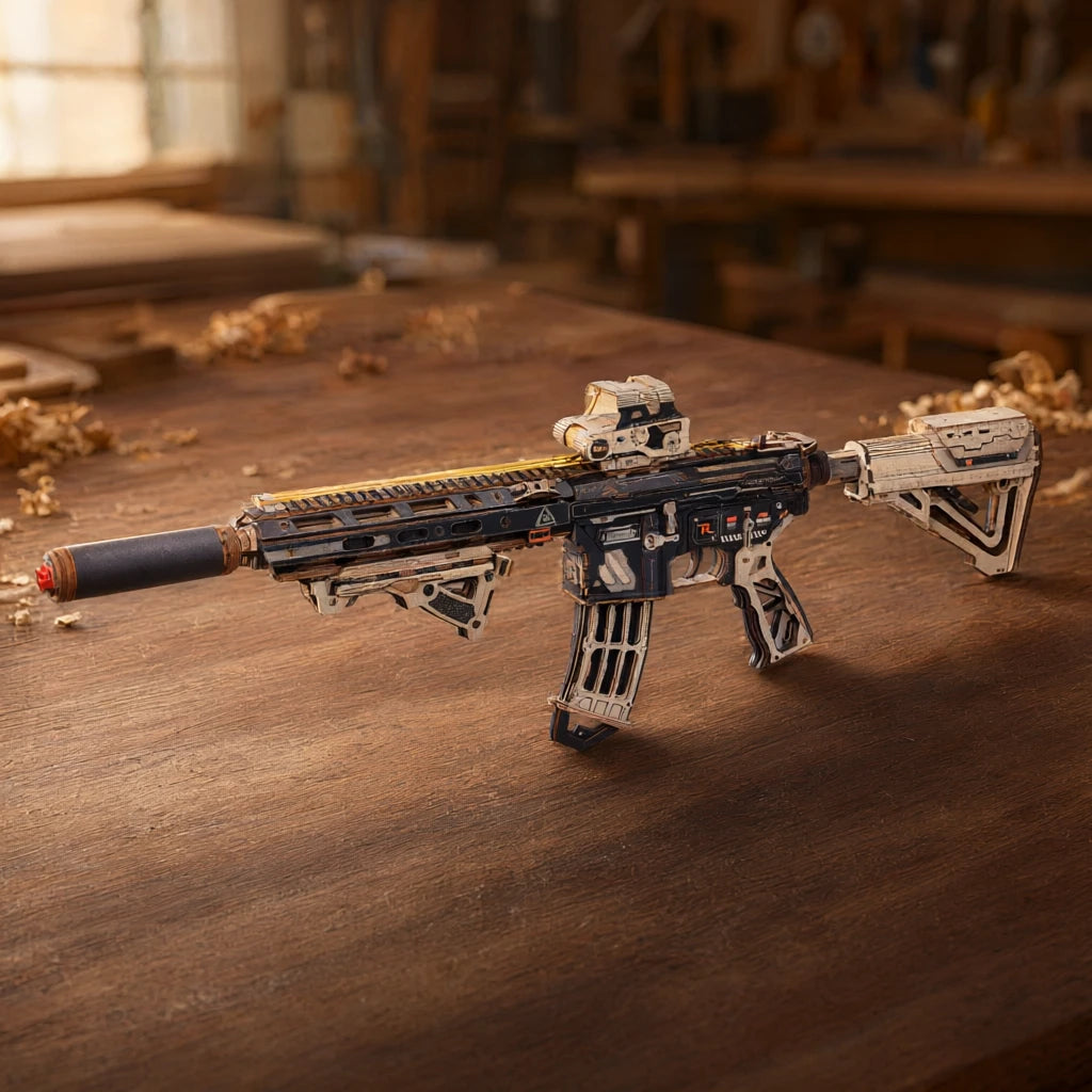 M416 Carbine puzzle 3D en bois : packshot du blaster posé sur un bureau en bois, finition ton désert et silencieux acier