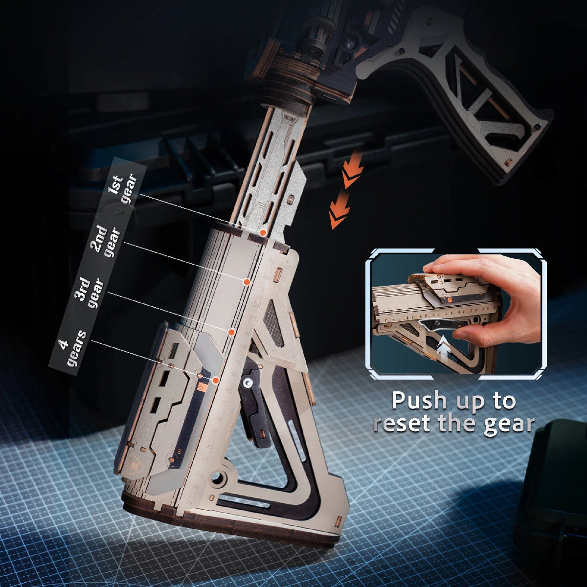M416 Carbine puzzle 3D : mécanisme de tir à élastiques et modes semi-auto/full-auto en bois