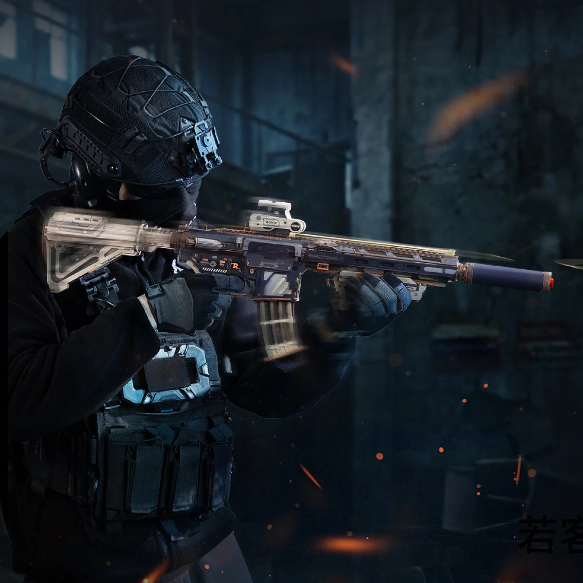 M416 Carbine puzzle 3D en bois : vue de trois quarts avec silencieux, chargeur et crosse