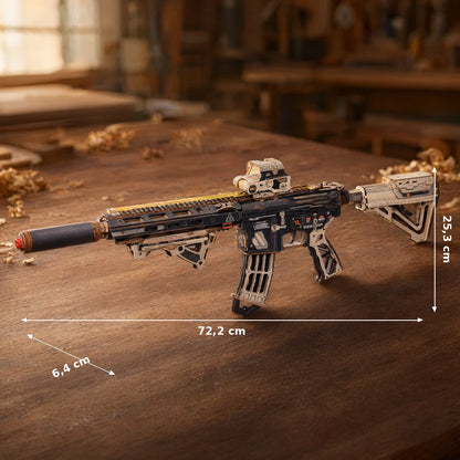 M416 Carbine puzzle 3D en bois : cotes de dimensions 72,2 x 25,3 x 6,4 cm (largeur, hauteur, profondeur)