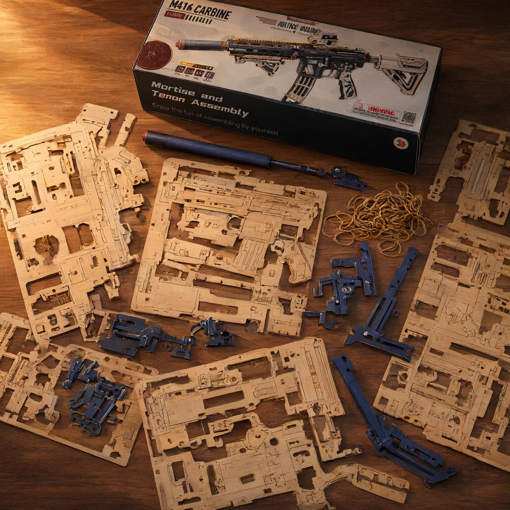 M416 Carbine puzzle 3D en bois : vue éclatée des pièces du kit (planches découpées au laser, élastiques) et boîte