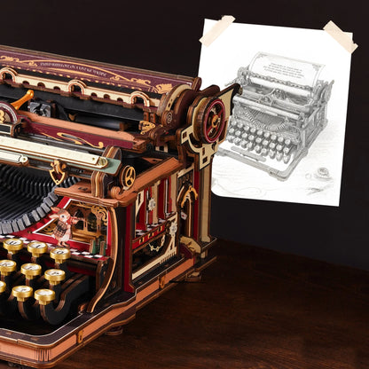 Machine à écrire magique ROKR à côté de son croquis de conception