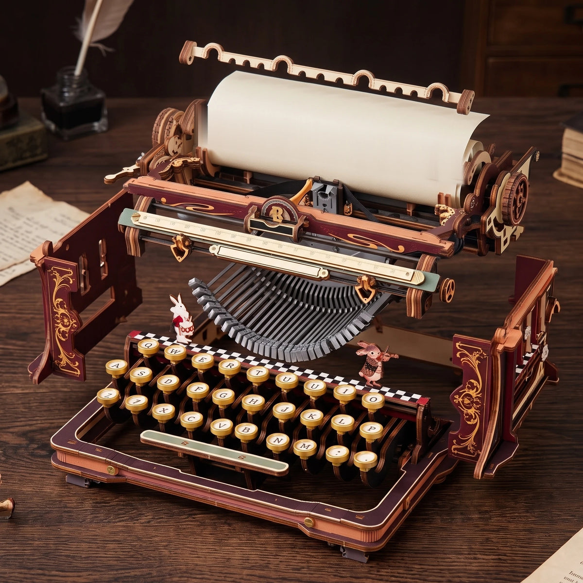 Vue éclatée de la machine à écrire magique ROKR, rouleau, clavier et panneaux séparés