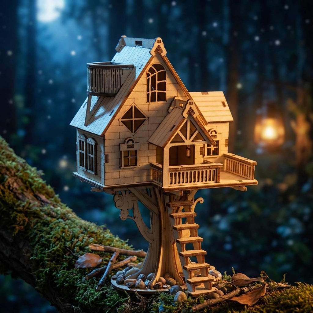 Puzzle 3D en bois thème Maison dans l'arbre, vue Ambiance Nuit, éclairage externe mettant en valeur la maquette, décoration Nook-It