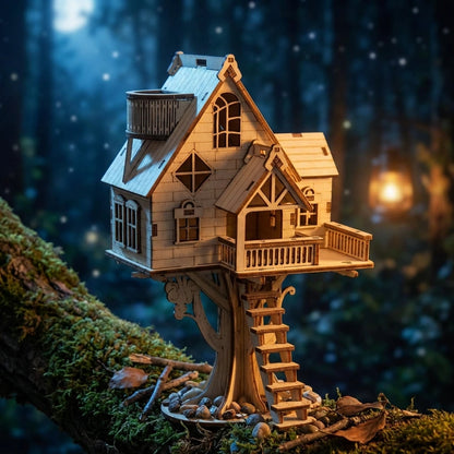 Puzzle 3D en bois thème Maison dans l'arbre, vue Ambiance Nuit, éclairage externe mettant en valeur la maquette, décoration Nook-It