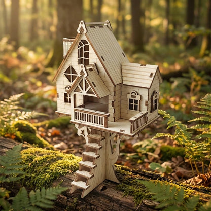 Puzzle 3D en bois thème Maison dans l'arbre, vue Angle 45°, éclairage externe mettant en valeur la maquette, décoration Nook-It