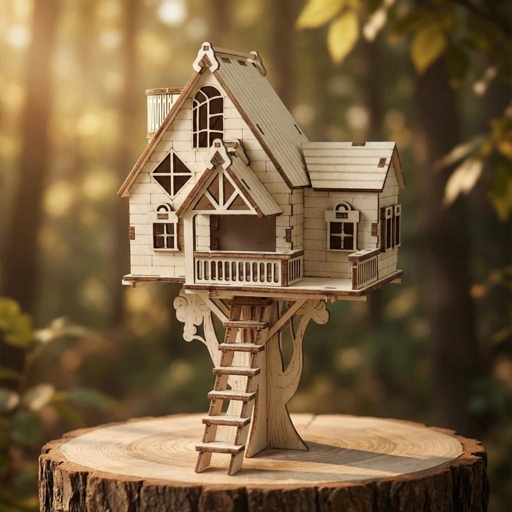 Puzzle 3D en bois thème Maison dans l'arbre, vue Face, éclairage externe mettant en valeur la maquette, décoration Nook-It.