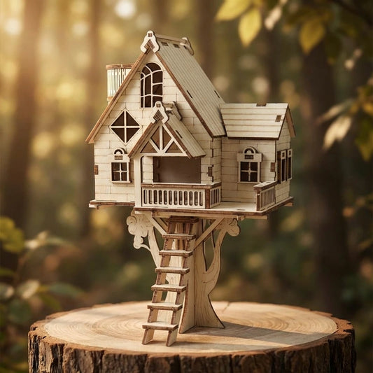 Puzzle 3D en bois thème Maison dans l'arbre, vue Face, éclairage externe mettant en valeur la maquette, décoration Nook-It.