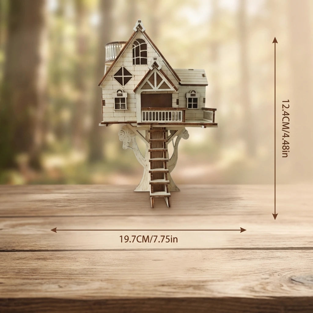 Puzzle 3D en bois thème Maison dans l'arbre, vue avec Dimensions, éclairage externe mettant en valeur la maquette, décoration Nook-It