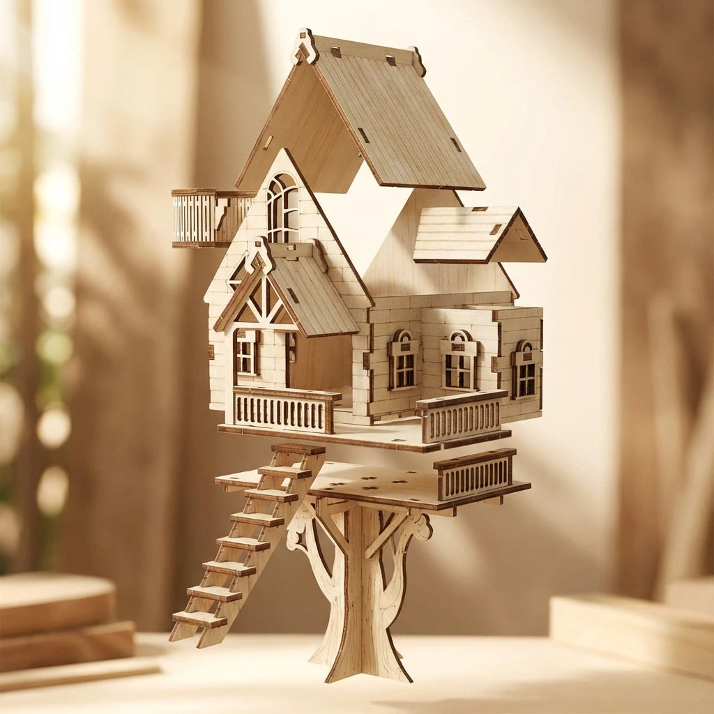 Puzzle 3D en bois thème Maison dans l'arbre, vue Éclatée, éclairage externe mettant en valeur la maquette, décoration Nook-It
