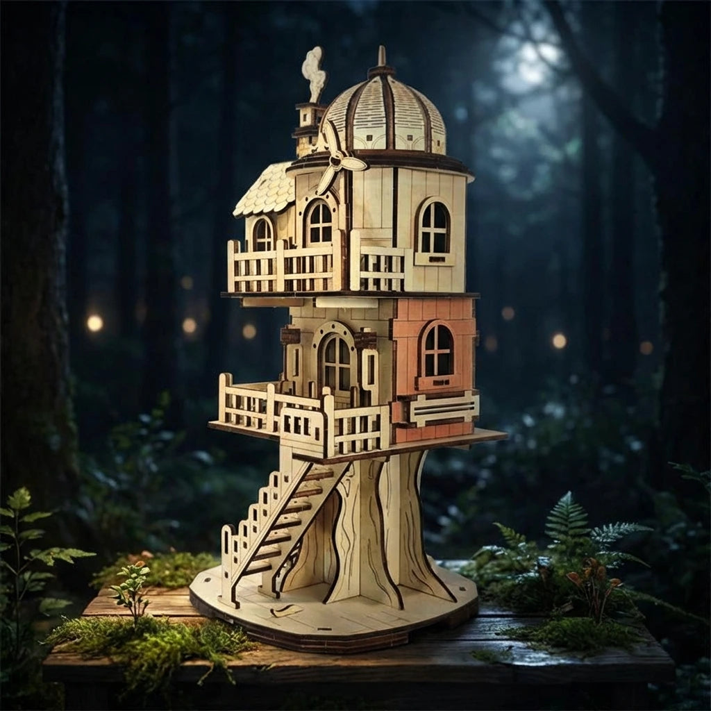 Puzzle 3D en bois thème Maison Perchée à Eolienne, vue Ambiance Nuit, éclairage externe mettant en valeur la maquette, déco