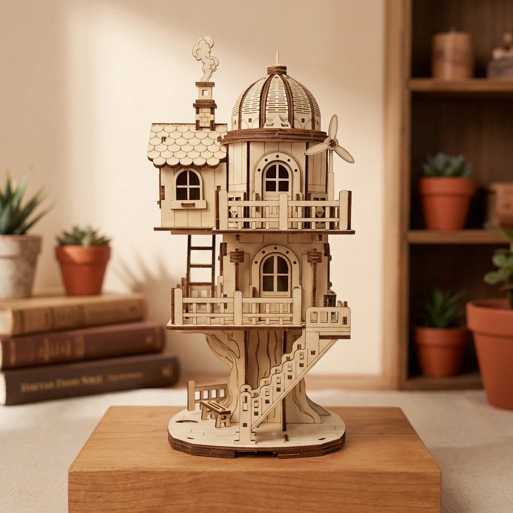 Puzzle 3D en bois thème Maison Perchée à Eolienne, vue Face, éclairage externe mettant en valeur la maquette, décoration Nook-It