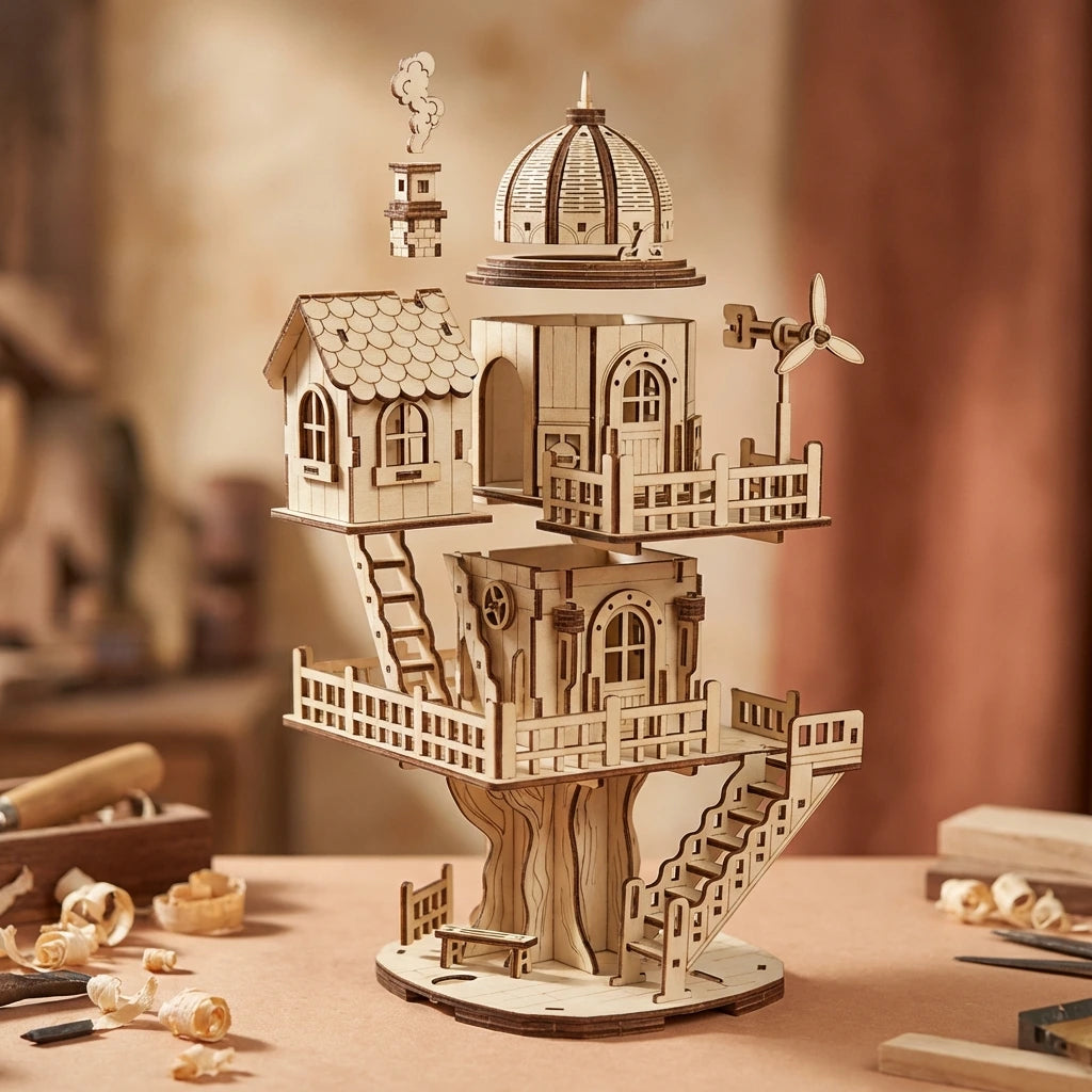Puzzle 3D en bois thème Maison Perchée à Eolienne, vue Éclatée, éclairage externe mettant en valeur la maquette, décoration