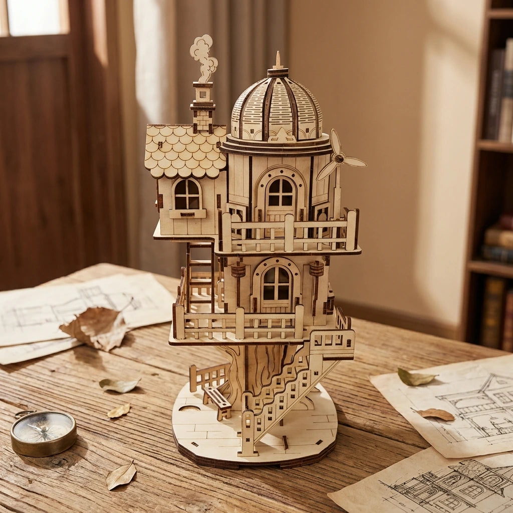 Puzzle 3D en bois thème Maison Perchée à Eolienne, Vue Plongeante, éclairage externe mettant en valeur la maquette, déco
