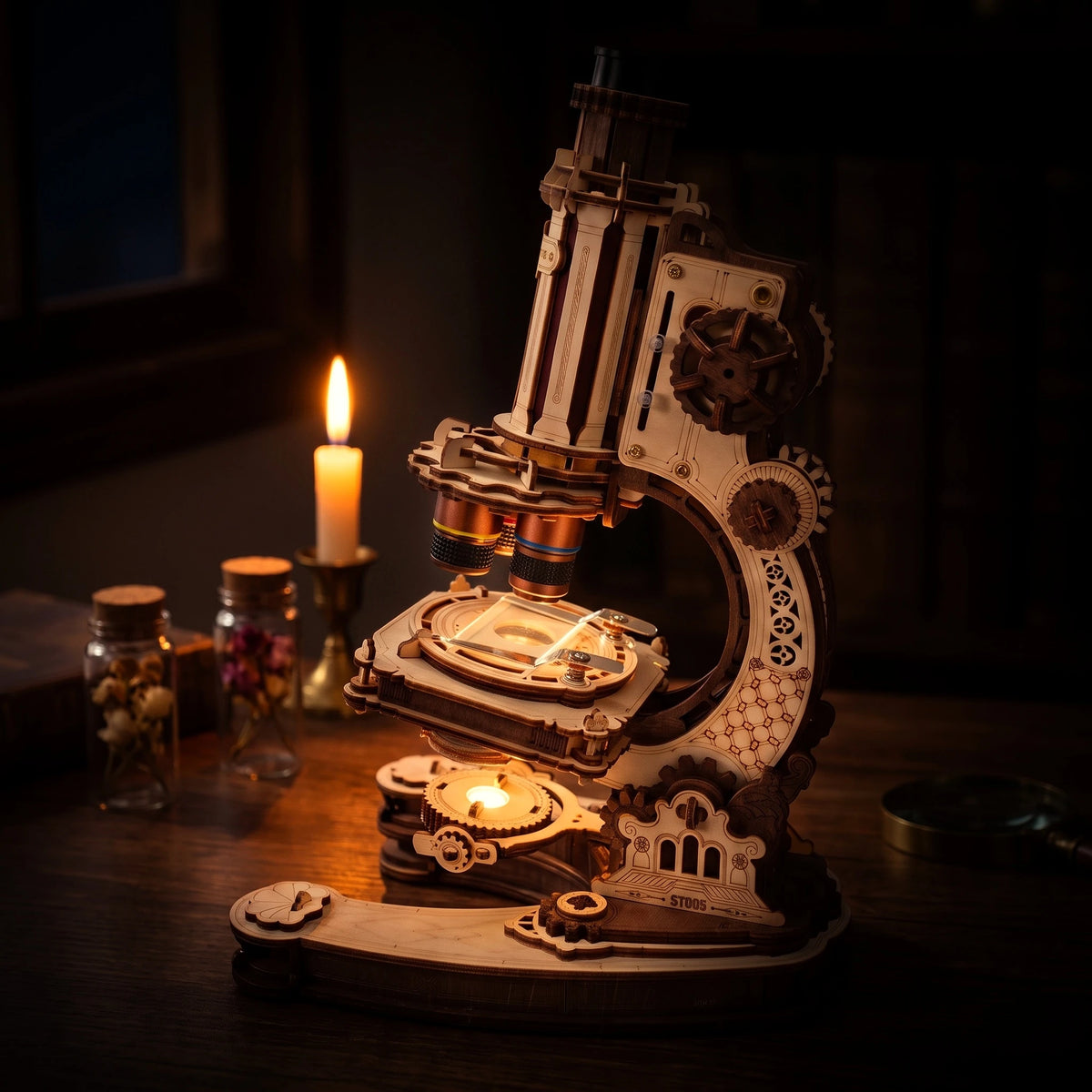 Microscope vintage puzzle 3D en bois de nuit, LED allumée sous la platine et bougie