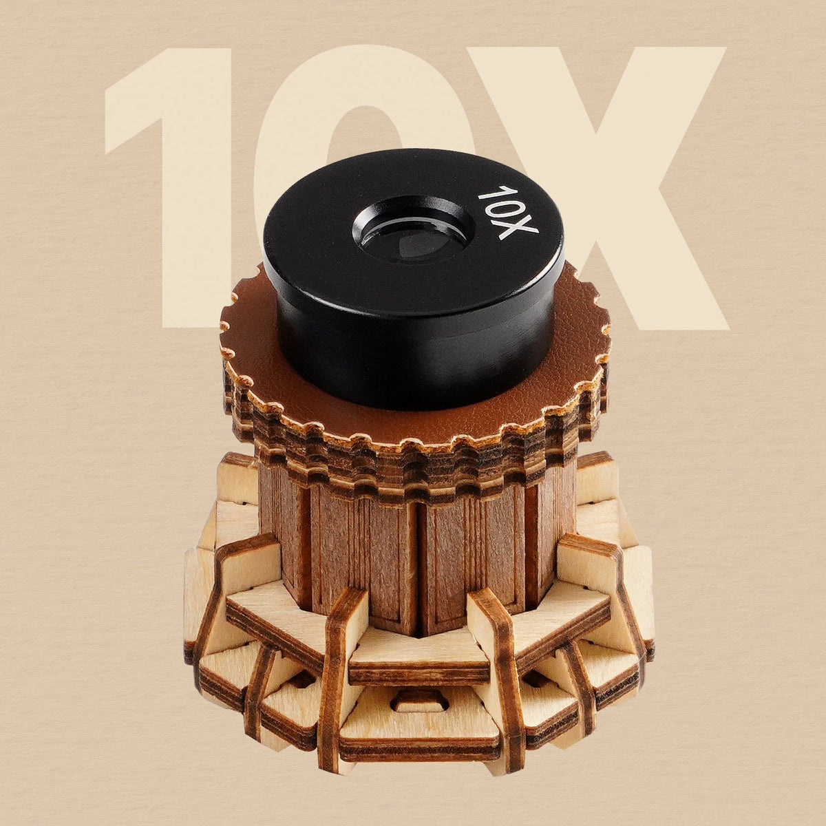 Oculaire à grossissement 10x du microscope vintage puzzle 3D en bois, gros plan