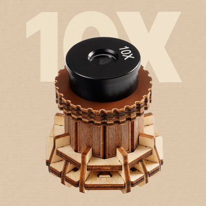Oculaire à grossissement 10x du microscope vintage puzzle 3D en bois, gros plan