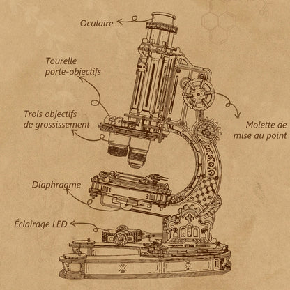 Schéma légendé du microscope vintage puzzle 3D : oculaire, tourelle, objectifs, diaphragme, éclairage LED