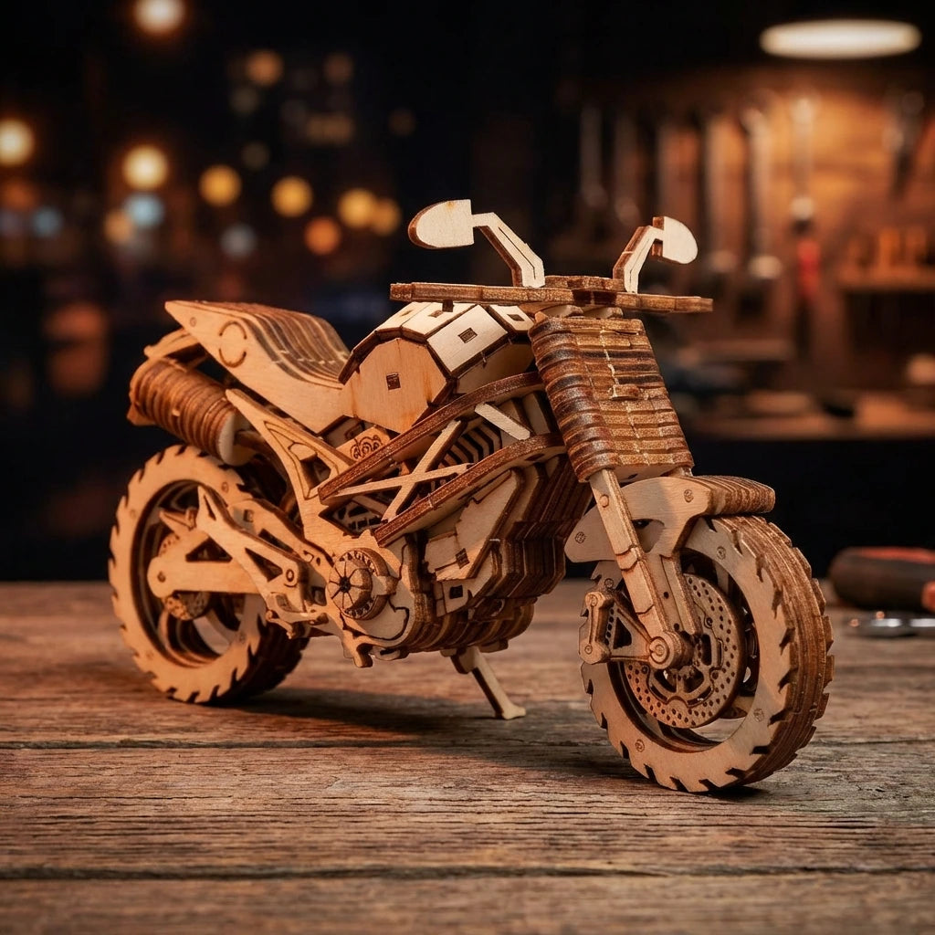 Puzzle 3D en bois thème Moto Sportive, vue Ambiance Nuit, éclairage externe mettant en valeur la maquette, décoration Nook-It