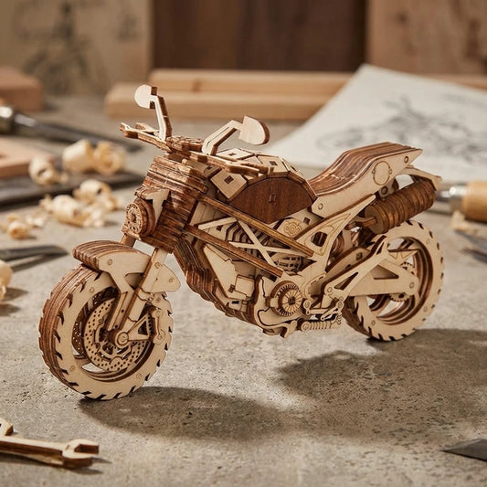 Puzzle 3D en bois thème Moto Sportive, vue Angle 45°, éclairage externe mettant en valeur la maquette, décoration Nook-It.