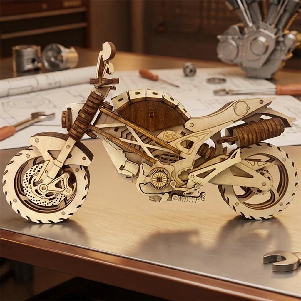 Puzzle 3D en bois thème Moto Sportive, vue profil, éclairage externe mettant en valeur la maquette, décoration Nook-It