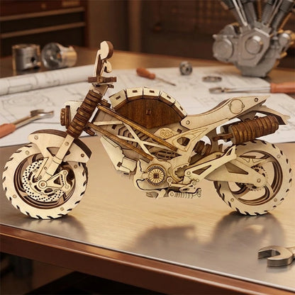 Puzzle 3D en bois thème Moto Sportive, vue profil, éclairage externe mettant en valeur la maquette, décoration Nook-It