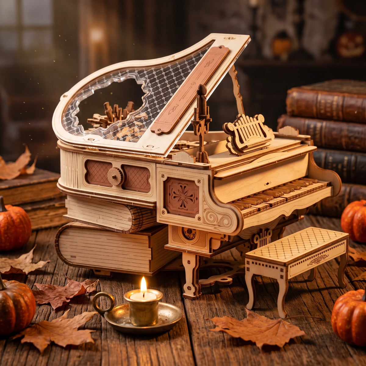 Piano magique ROKR vu de trois quarts gauche avec sa pile de grimoires en bois