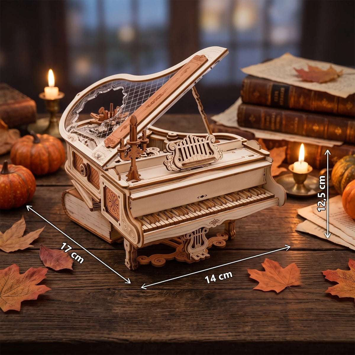 Dimensions du piano magique ROKR monté : 14 cm de large, 17 cm de profondeur, 12,5 cm de haut